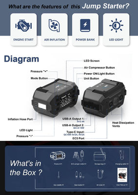8.0L benzine draagbare powerbank multifunctionele auto springstarter met luchtcompressor voor alle auto's