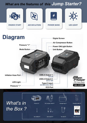 3000A Peak Car Emergency Jump Start 12V Type-C 8.0L Benzine Diesel Air Pump voor buiten
