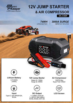4 in 1 Car Booster Power Bank Jump Starter met ingebouwde luchtcompressor en opblazer