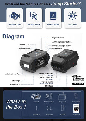 4 in 1 Car Booster Power Bank Jump Starter met ingebouwde luchtcompressor en opblazer