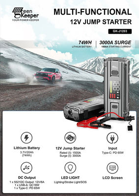 J1203 PD65W 12v 3000A High Power Car Jump Starter met zaklamp DC-uitgang voor kleine auto's