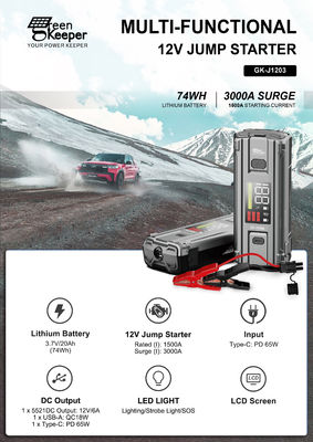 Auto noodbatterij J1203 Peak 3000A 20000mAh Boost Jump Starter voor 8.0L voertuigen