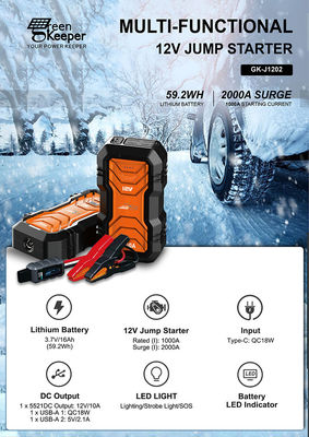 QC 18W Input GreenKeeper UltraSafe Super Capacitor 2000A Battery Jump Starter Met LED licht