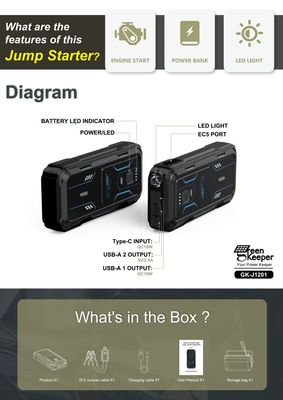 18W totale uitgang Auto noodbatterij UltraSafe Booster Pack 12V 24V 1000A jump starter
